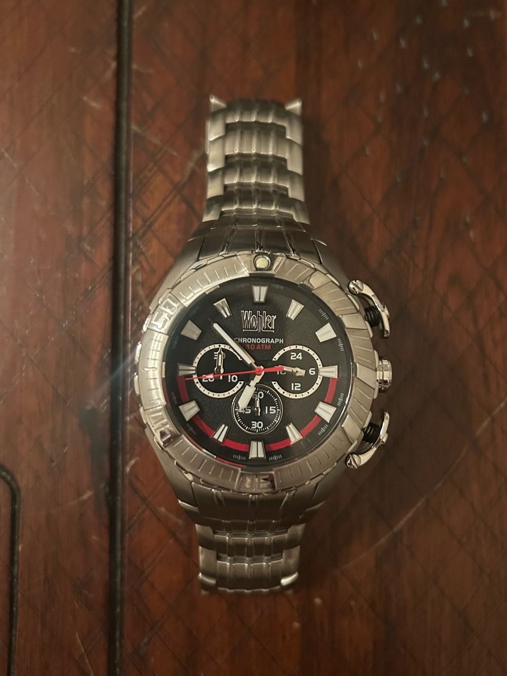 Woher Chronograph Men's Stainless Steel Watch - Black Dial with Red Accents